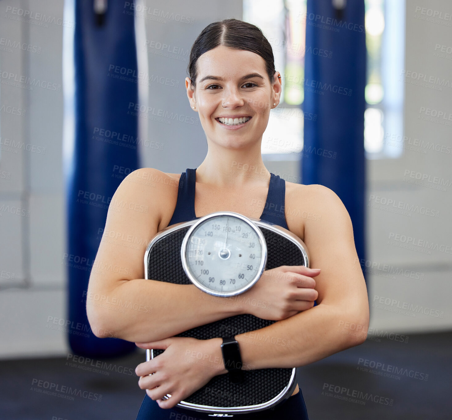 Buy stock photo Scale, weightloss and health, woman and fitness, diet and healthy, weight and body training with exercise. Young person, happy and healthcare nutrition, workout and slim, mindful eating and wellness.