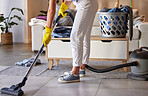 Cleaning floor, cleaner service and woman vaccum untidy house living room. Housekeeping maid, tidy home and interior hygiene maintenance or health safety care with rubber gloves for spring clean