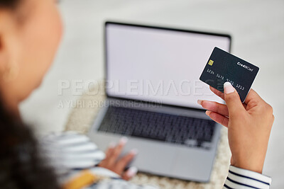 Buy stock photo Credit card, laptop and woman doing online shopping, banking and online payment from her house. Ecommerce, retail and person reading information on a debit card to pay a store on the web with tech