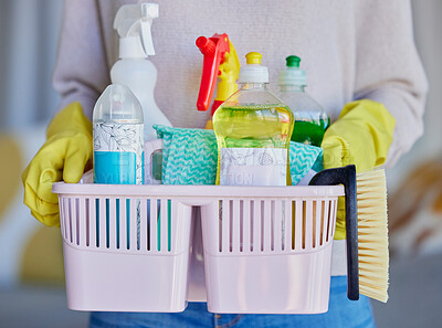 Buy stock photo Woman, hands or cleaning container of housekeeping products for home cleaner service, maid or hotel worker. Spray bottle zoom, brush or fabric cloth in spring clean or hospitality hygiene maintenance