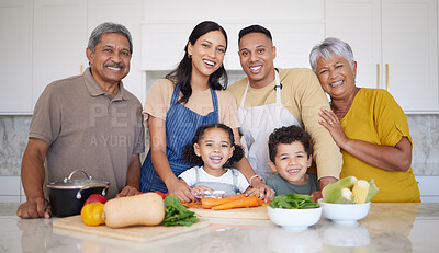 Buy stock photo Family, cooking and vegetable, learning and teaching,  development and growth, generations together in home. Health, nutrition and kitchen, grandparents and parents, children and life skill portrait.