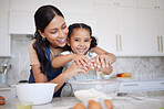 Kitchen cooking, mother and learning kid baking, happy and help prepare egg, flour or food ingredients. Mama's Love, black family fun or woman bond with youth girl, child development support and care