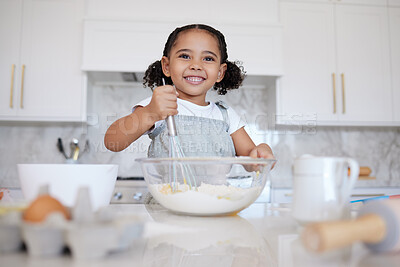 Buy stock photo Happy girl kids baking in kitchen, house and home for childhood fun, learning and development. Smile young toddler child, little cooking chef and mixing bowl, sweets dessert, cookies and cake flour