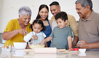 Buy stock photo Baking, cooking and big family, together in kitchen while teaching and learning, bonding and life skill development. Mexican family in home, grandparents and parents with children, happy and love.