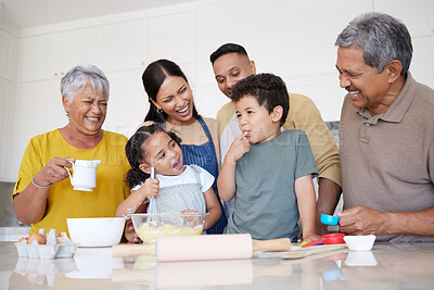 Buy stock photo Children, baking and family with a boy tasting flour while learning to bake in the kitchen with parents, grandparents and sister. Kids, learning and love with a girl and boy cooking with relatives