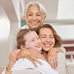 Grandmother, mother and girl with hug, bonding and embrace being loving, smile and happy together at home. Love, grandma and mama with daughter have fun, happiness and spend weekend to connect.