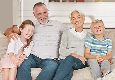 Buy stock photo Grandparents, grandkids and being happy to relax and smile together on sofa in living room. Portrait, grandfather and grandmother with grandchildren for love, bonding and happiness on couch as family