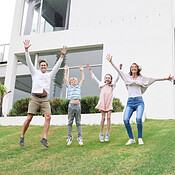 People Rising Home Family home, real estate and celebrate of people happy about new ...