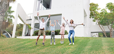 Buy stock photo Family home, real estate and celebrate of people happy about new property outdoor. Jumping children, mother and man with happiness and excited energy experience of kids with a smile on grass 