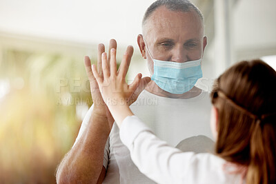 Buy stock photo Covid, window and lockdown father with child for family  hand touch with social distance protocol. Love, daughter and dad with quarantine mask protection at glass for communication with young kid.

