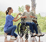 Disability, senior woman in wheelchair and nurse have conversation, talking and about healthcare assistance. Doctor, mature female and lady give medical advice, discuss treatment and have discussion.