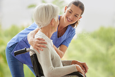 Buy stock photo Disability healthcare, nurse and senior patient with support from medical worker in a wheelchair. Disabled elderly woman consulting with a happy doctor or caregiver for medical help in a nursing home