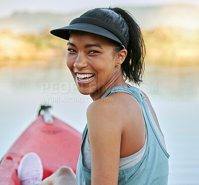 Buy stock photo Kayak, nature and happy black woman relax on the water, boat and outdoor. Portrait of a person from New York smile on a fitness, workout experience and exercise trip with happiness in summer smiling 
