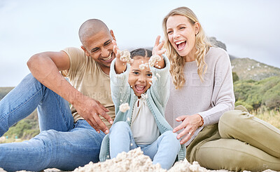 Buy stock photo Children, family and beach with girl, mother and father playing in the sand while bonding on holiday or vacation. Travel, kids and summer with a woman, man and daughter bonding together at the coast