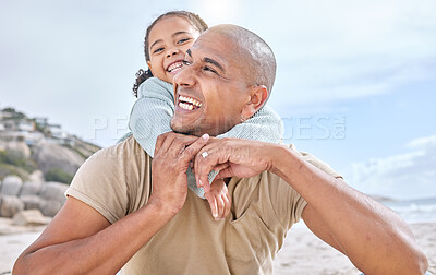 Buy stock photo Happy family hug, beach and dad and child having fun, bonding and enjoy quality outdoor time together on Mexico vacation. Happiness, holiday freedom and father support, love and piggyback girl
