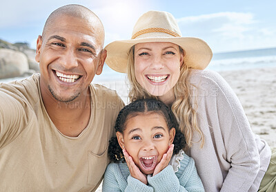 Buy stock photo Selfie, beach and portrait of a happy family on vacation together in nature by the ocean. Happy, smile and parents with their girl child taking photo while relaxing at seaside on holiday or adventure