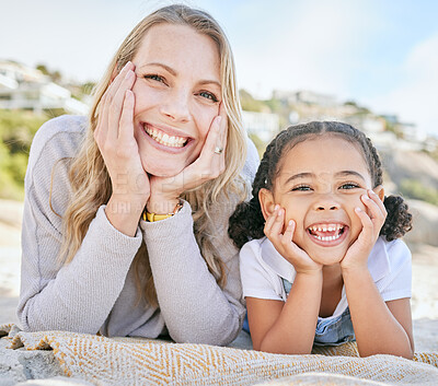 Buy stock photo Happy, mother and child on beach for relax, summer vacation and family bonding at the beach outdoors. Portrait of mama and kid with smile in happiness for break, adoption and free time on sandy shore