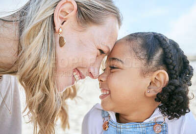 Buy stock photo Mother, girl and smile with love, happy and care together outdoor while bonding on holiday in summer. Parent, adoption child and play with love, happiness and care on relax family vacation in Brazil