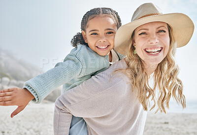 Buy stock photo Beach, foster and portrait with piggy back bonding with black child on California holiday. Adoption, vacation and love in interracial family with happy smile of kid and mom at the ocean.

