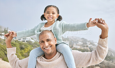 Buy stock photo Father, child and holding hands on shoulders for happy relationship, bonding and smile in the outdoors. Portrait of dad and kid smiling in happiness for love, time and care for piggyback in nature