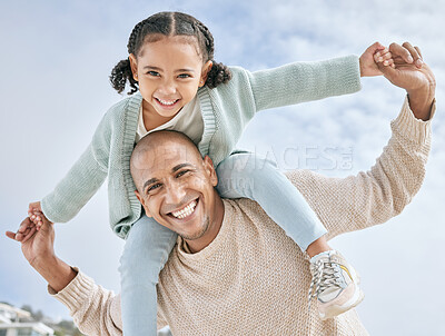 Buy stock photo Love, father and girl on back, happy and bonding with smile, relax and playing together outdoor for travel. Portrait, parent and dad with daughter or carry child, embrace and fun with kid, happiness.