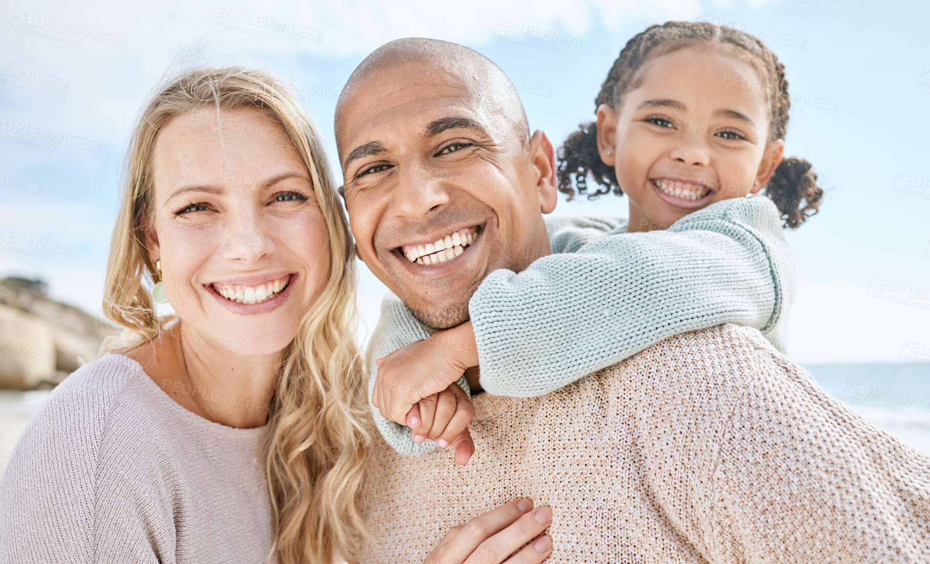 Buy stock photo Happy portrait, family love and beach holiday together on a fun summer ocean travel adventure in Costa Rica. Dad smile, mother and girl child hug father nature bonding in sunshine by sea for vacation