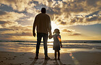 Silhouette, love and beach with father and girl on Cancun holiday for travel, summer and wellness. Family, sunset and freedom with dad and girl walking on Mexico vacation for trust, support and relax