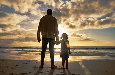 Buy stock photo Silhouette, love and beach with father and girl on Cancun holiday for travel, summer and wellness. Family, sunset and freedom with dad and girl walking on Mexico vacation for trust, support and relax