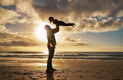 Buy stock photo Beach silhouette, father and child play, bond or enjoy fun quality time together in Rio de Janeiro brazil. Happy family love, sunset flare of freedom peace for dad and youth kid playing on ocean sand