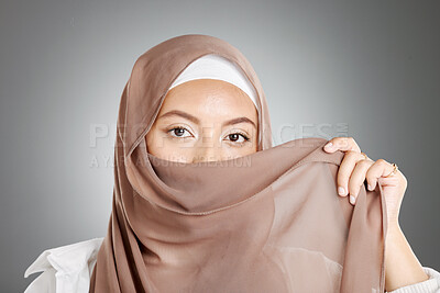 Buy stock photo Muslim, hijab and eyes of woman for beauty, makeup and cosmetics on studio mock up marketing or advertising. Islamic, arabic fashion model girl and cloth cover face in skin cosmetic portrait headshot