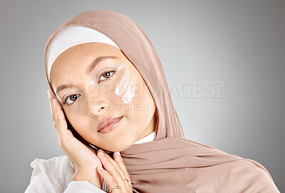Buy stock photo Hijab, skincare cream and muslim woman with natural beauty, face lotion and skin wellness treatment. Portrait of a model person from Iran wearing cosmetic serum, youth moisturizer and facial wash 