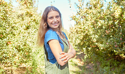 Buy stock photo Happy, farm and portrait of woman farmer with trees in sustainable, agriculture and agro environment. Sustainability, happiness and eco friendly girl farming in countryside during summer in Australia