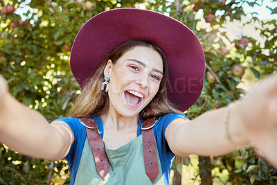 Buy stock photo Happy, woman and travel for nature selfie excited on summer vacation enjoying the countryside in the outdoors. Portrait of female traveler in joyful happiness with smile for photo adventure or trip