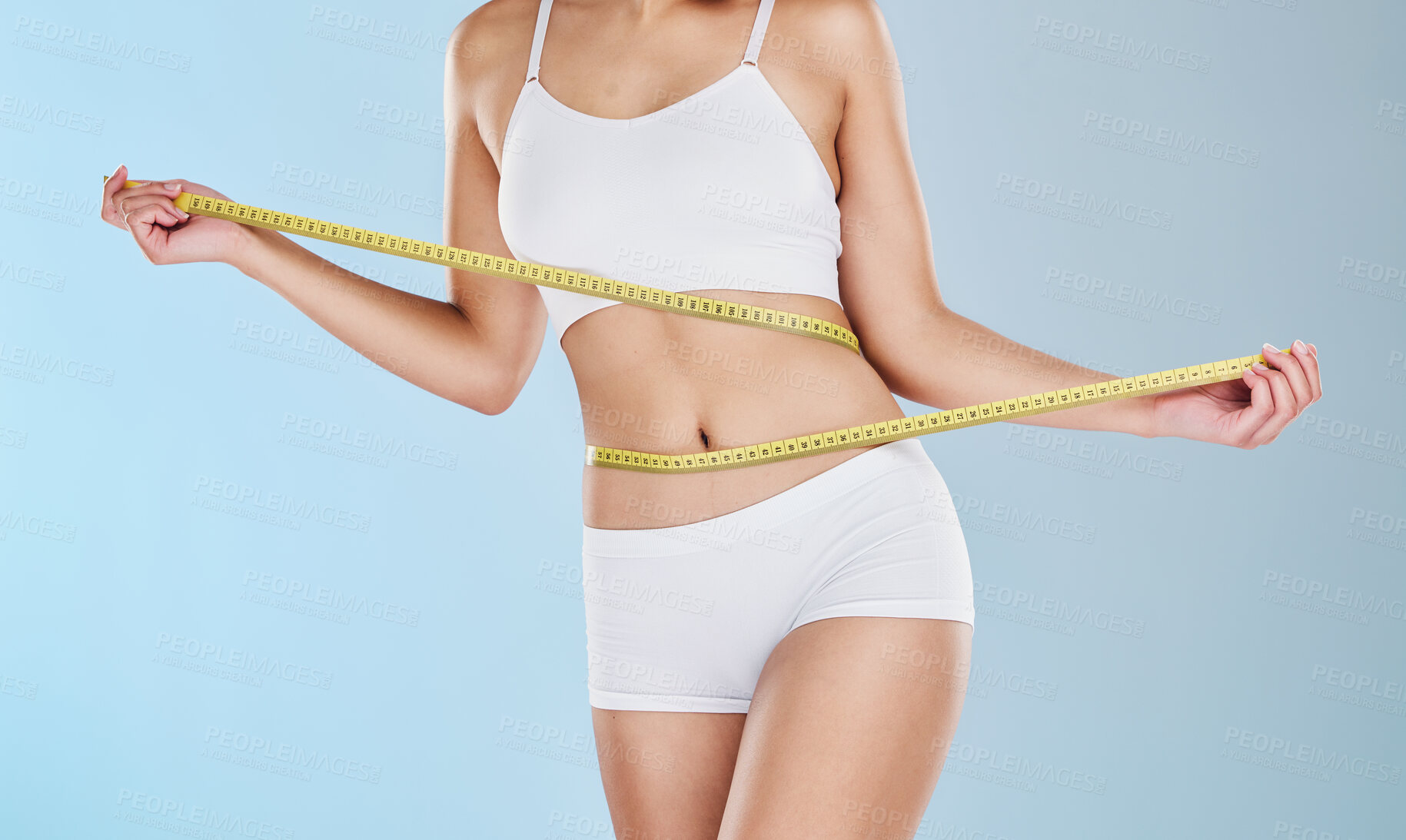Buy stock photo Health, diet and body of woman with tape measure to track progress, check fitness results and measure waist, stomach or abdomen. Weight loss motivation, wellness lifestyle and slimming self care girl