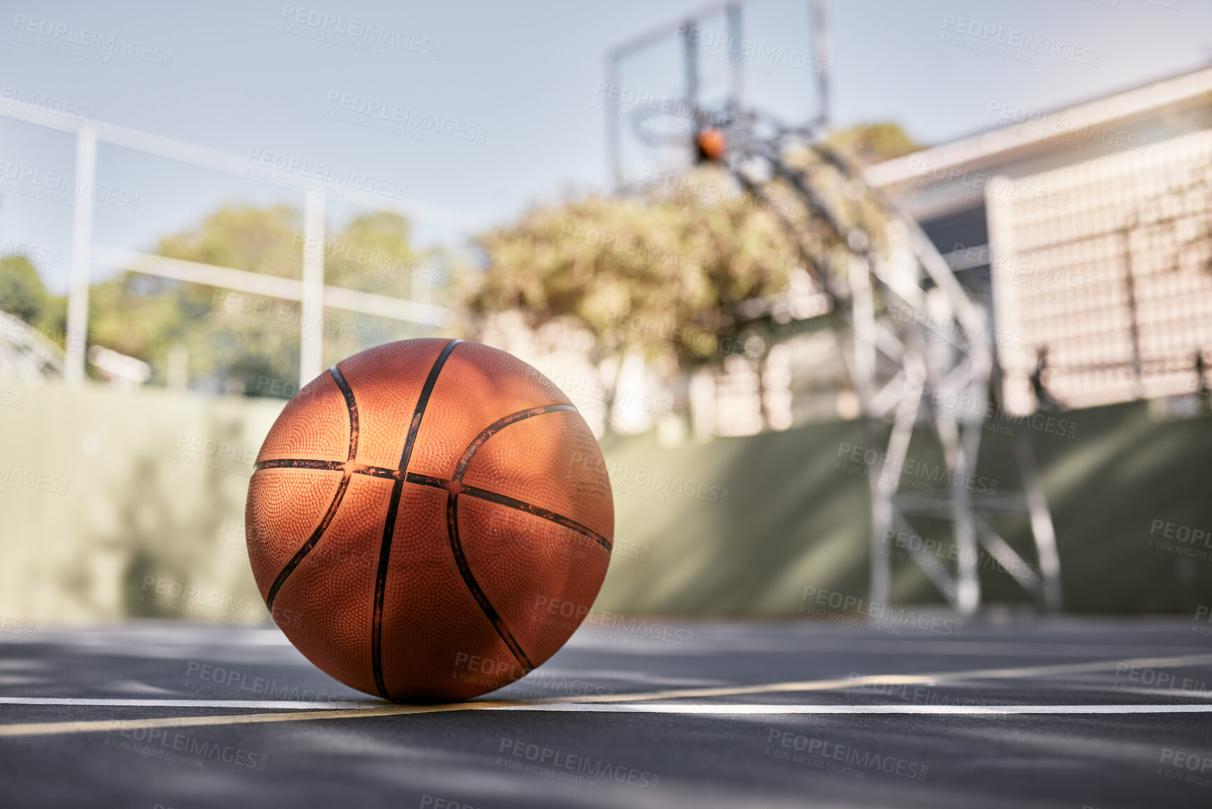 Buy stock photo Basketball court, ball and sports match or competition game for fitness, exercise and training in New York. Ball sports, floor and urban community playground for wellness and outdoor sport fun