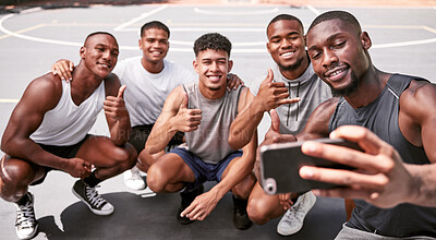 Buy stock photo Selfie, basketball and sports with a team on a court taking a photograph after a game or training together. Phone, collaboration and fitness with a basketball player group posing for a picture