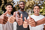 Thumbs up, sport teamwork and success hand sign of black people on a basketball court. Happy, winner and smile of a basketball, sports and training team together with motivation and game support