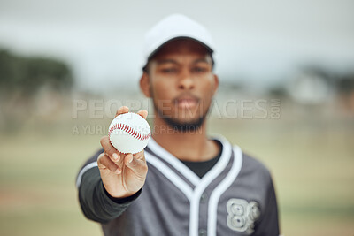 Buy stock photo Baseball in hand, baseball player and athlete on field training for sports competition. Young black fitness man, health motivation and softball pitcher catch at stadium with bokeh background outdoors