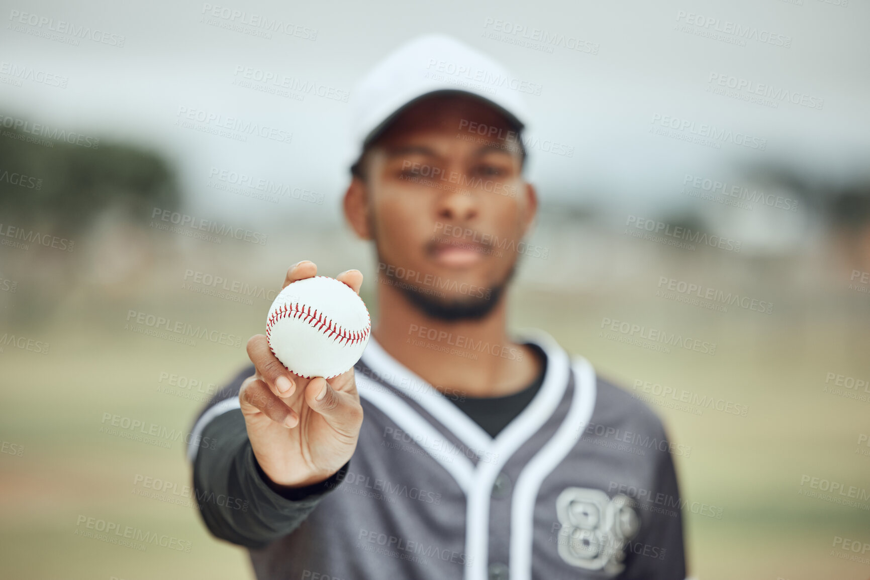 Buy stock photo Baseball in hand, baseball player and athlete on field training for sports competition. Young black fitness man, health motivation and softball pitcher catch at stadium with bokeh background outdoors