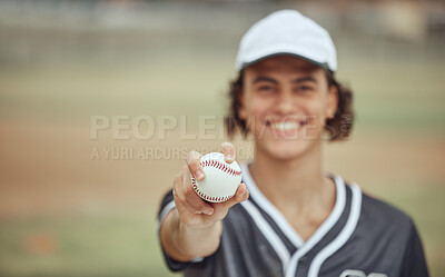 Baseball player, hand and baseball for holding, outdoor or sport on field, happy or summer for fitness. Man, sports and ball for pitch, play or game in softball, contest or event has smile on grass