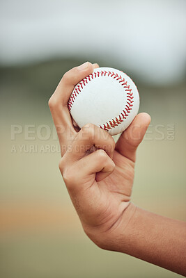 Buy stock photo Baseball, sports and sport exercise of a hand about to pitch and throw in pitch. Fitness man, training and baseball player workout of a athlete in outdoor holding a ball for a game or practice skill