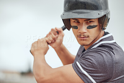 Buy stock photo Focus, baseball and athlete with a bat on a field ready for the game or training with motivation. Mindset, fitness and man playing a softball match, sports exercise or workout on an outdoor pitch.