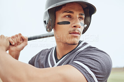 Buy stock photo Baseball player, focus and sports man with bat ready for game competition, exercise workout or practice match. Softball motivation, winner mindset or fitness athlete ready for baseball field training
