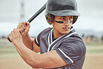 Baseball player, bat and athlete on a field ready for the game or training with motivation, focus and champion mindset. Softball, fitness and sports man playing a professional match on outdoor pitch