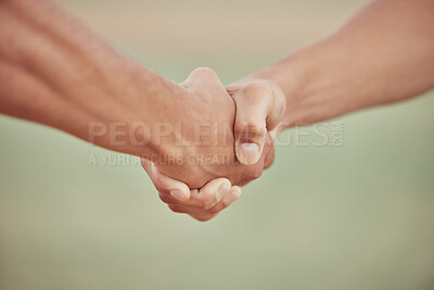 Buy stock photo Handshake, teamwork and sport with the hands of sports people in collaboration outside after a game or match. Thank you, fitness and exercise with friends shake hands, teamwork or respect outdoor 