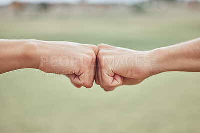 Buy stock photo Fist bump, hands and people together to show support, solidarity and achievement success outdoor. Friends hand gesture show community friendship, excited victory or goal collaboration in nature 