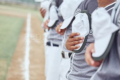 Buy stock photo Baseball team, sports and national anthem to start event, competition games and motivation on stadium arena pitch. Closeup baseball players singing, patriotic group pride and respect for commitment