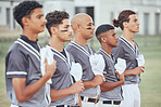 Baseball, sports and respect with a team standing to sing an anthem song before a game or match outdoor. Fitness, sport and collaboration with a man athlete group taking pride in being patriotic