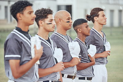 Buy stock photo Baseball, sports and respect with a team standing to sing an anthem song before a game or match outdoor. Fitness, sport and collaboration with a man athlete group taking pride in being patriotic