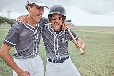 Buy stock photo Baseball, success and friends in celebration after winning a sports game or training match on a baseball field in Texas. Smile, teamwork and happy players hugging to celebrate softball achievement